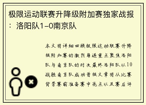 极限运动联赛升降级附加赛独家战报：洛阳队1-0南京队
