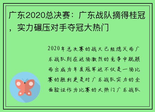 广东2020总决赛：广东战队摘得桂冠，实力碾压对手夺冠大热门